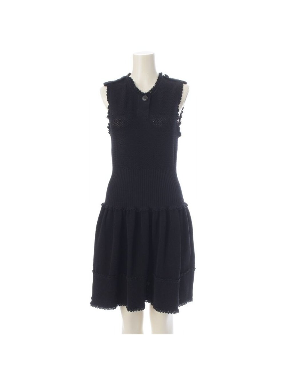 Chanel Coco Buttons Sleeveless Pullover Epaulette Knit Dress Lace Flare Short